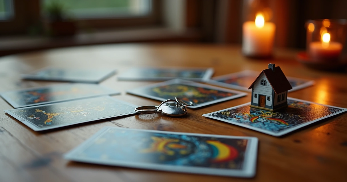 Cartas de tarot sobre uma mesa com chaves de casa ao lado 