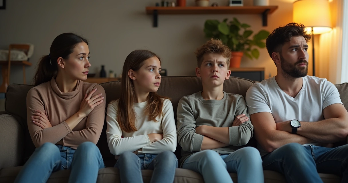 Grupo de família sentado na sala, cada um com expressões pensativas, clima de tensão no ar 