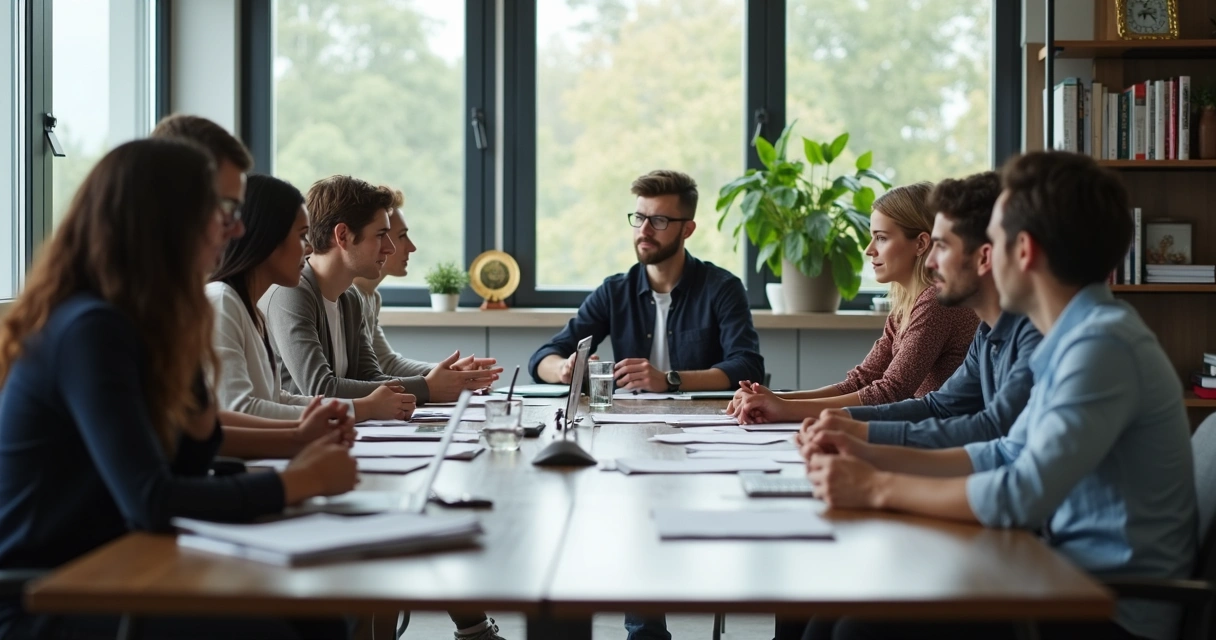 Reunião de equipe em uma sala de reunião com olhares atentos e outros desconfiados sobre documentos na mesa 