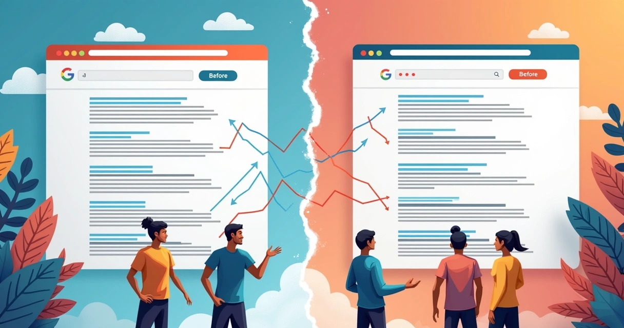 Exemplo de resultados de busca mudando após atualização do Google 