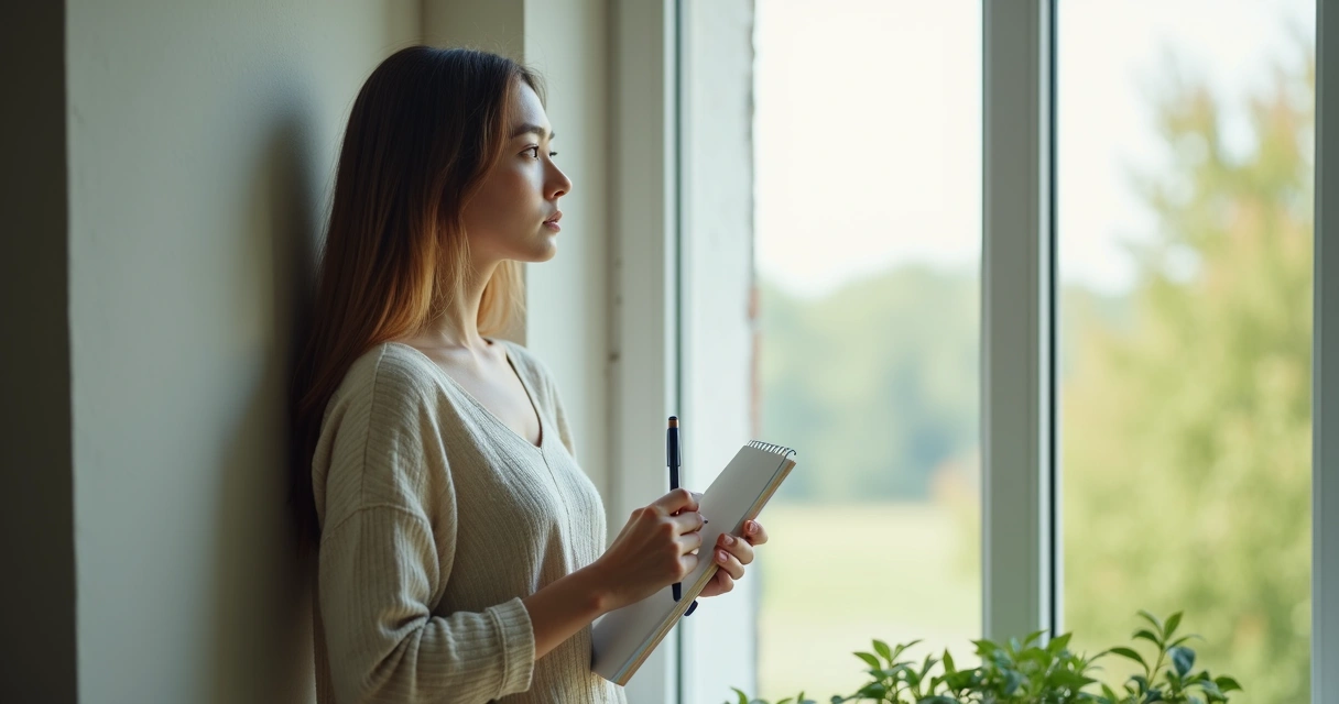 Pessoa olhando pela janela segurando um diário 