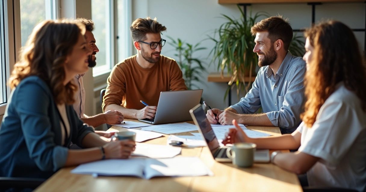 Equipe reunida ao redor de mesa, computadores e anotações. 