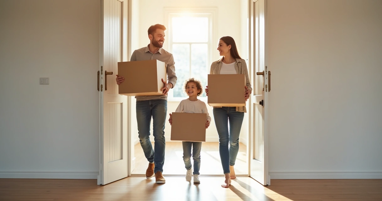 Familia feliz carregando caixas de mudança para nova casa