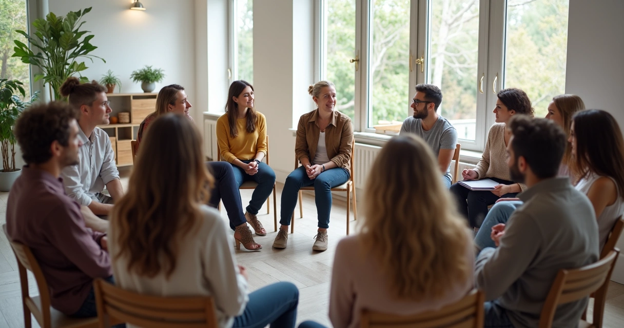 Várias pessoas sentadas em círculo conversando em ambiente iluminado 
