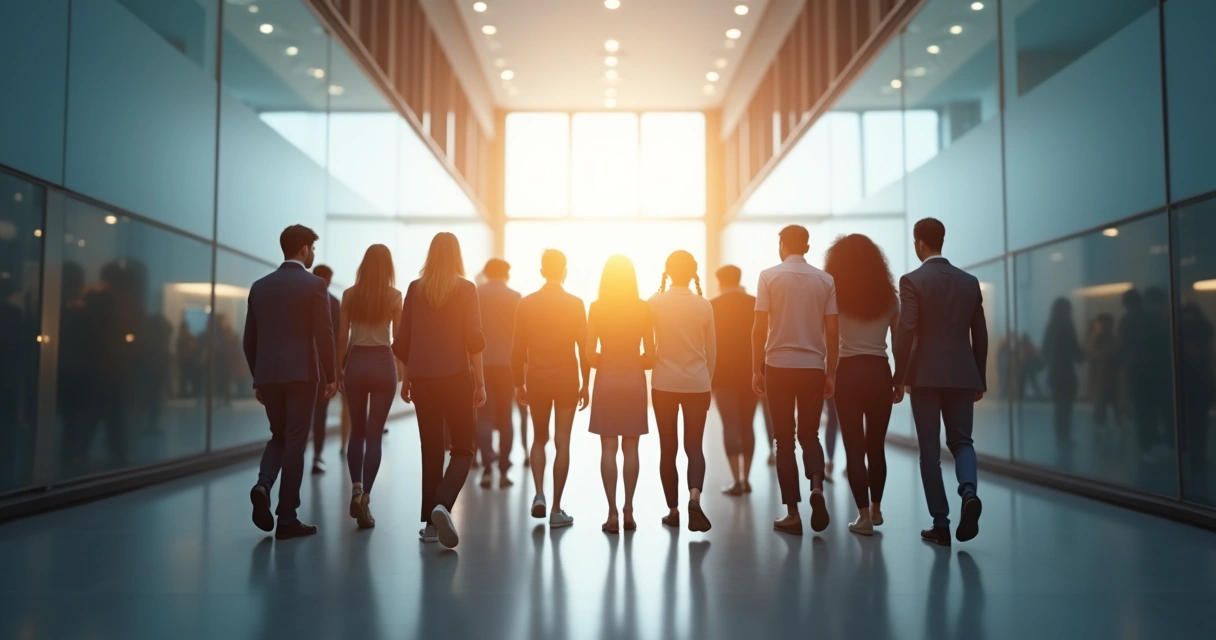 Grupo de pessoas caminhando em direção à luz representando união na mudança 