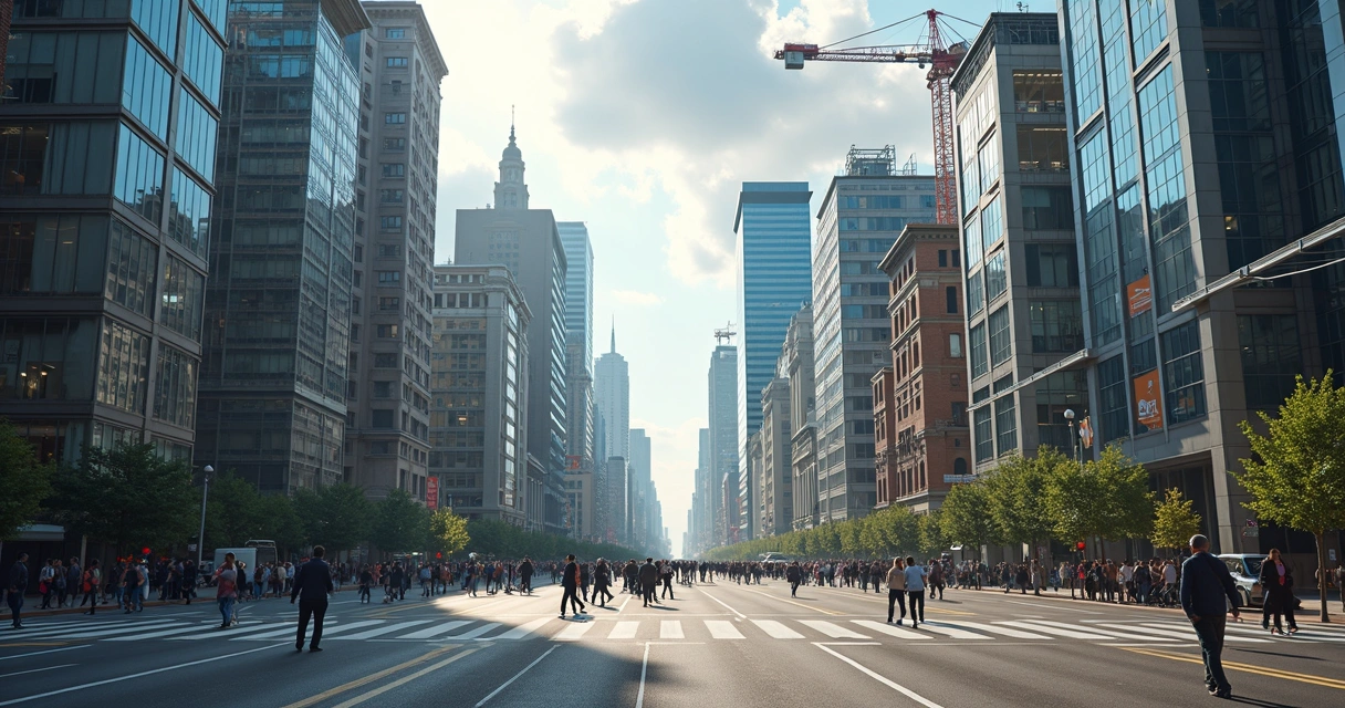 Vista panorâmica de cidade em transformação com pessoas caminhando e prédios modernos e antigos.