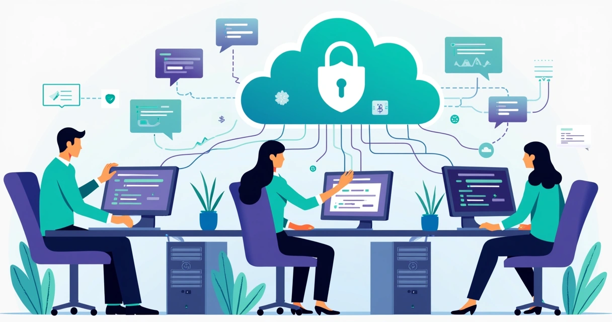 Equipe de TI migrando sistemas com computadores e telas conectadas 