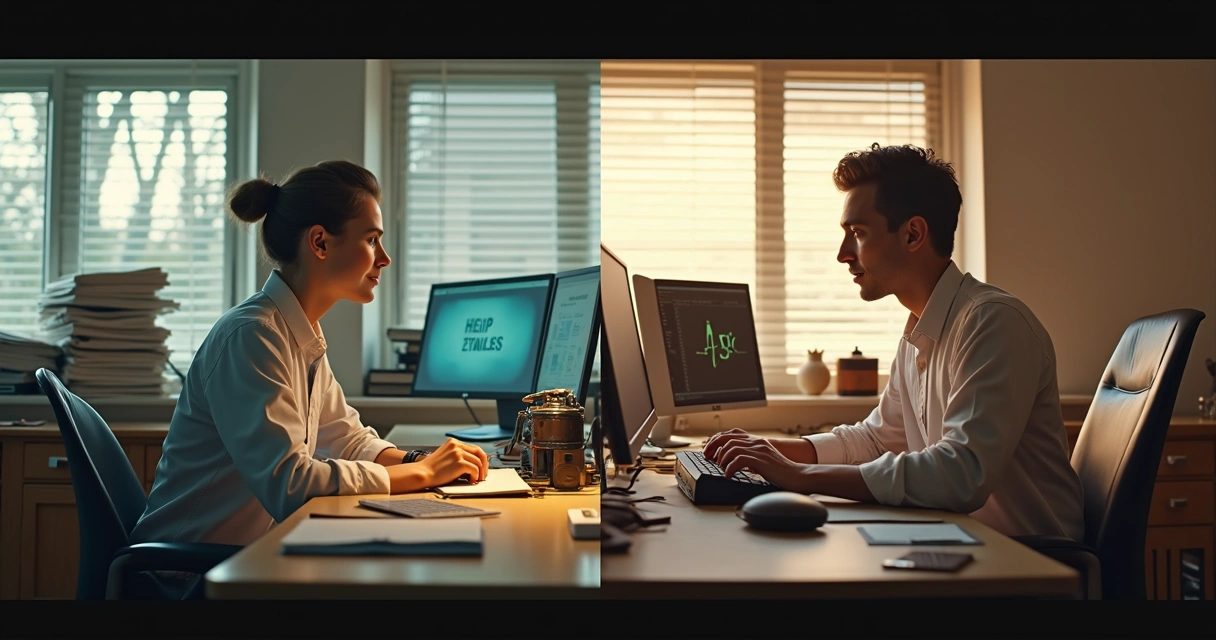 Profissional diante de dois ambientes de trabalho diferentes, um tradicional e um moderno com tecnologia