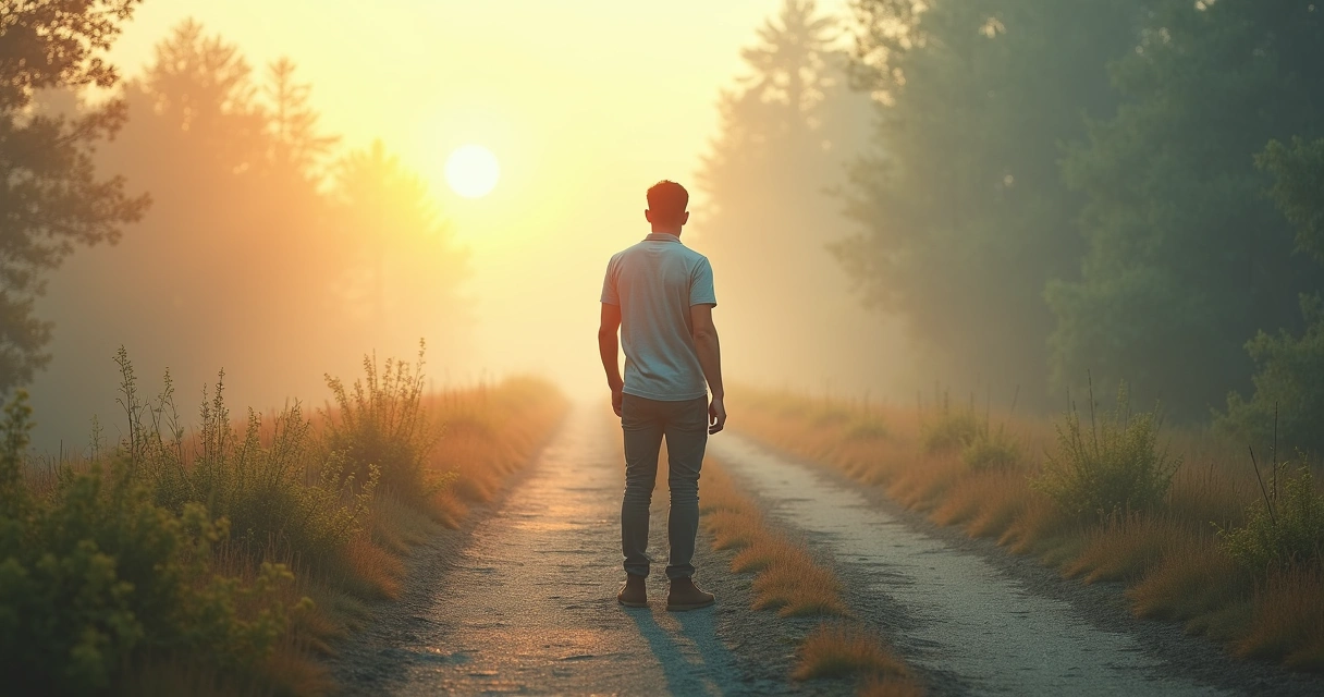 Pessoa diante de um caminho dividido entre o conhecido e o desconhecido, simbolizando uma escolha para mudança 