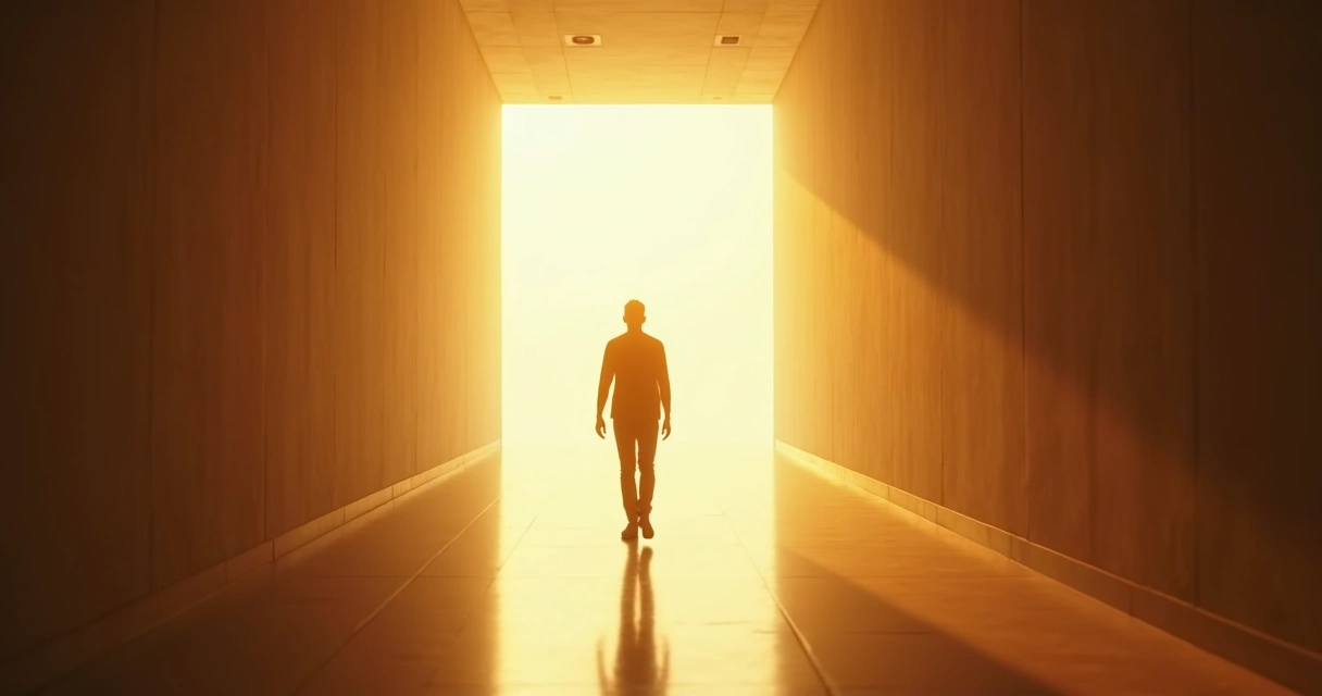 Silhueta de pessoa caminhando em direção à luz, corredor amplo e tom dourado. 