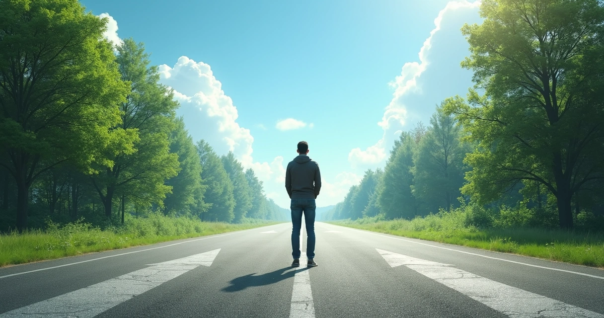 Pessoa de pé diante de três caminhos abertos em uma estrada, árvores verdes ao fundo, céu azul claro 
