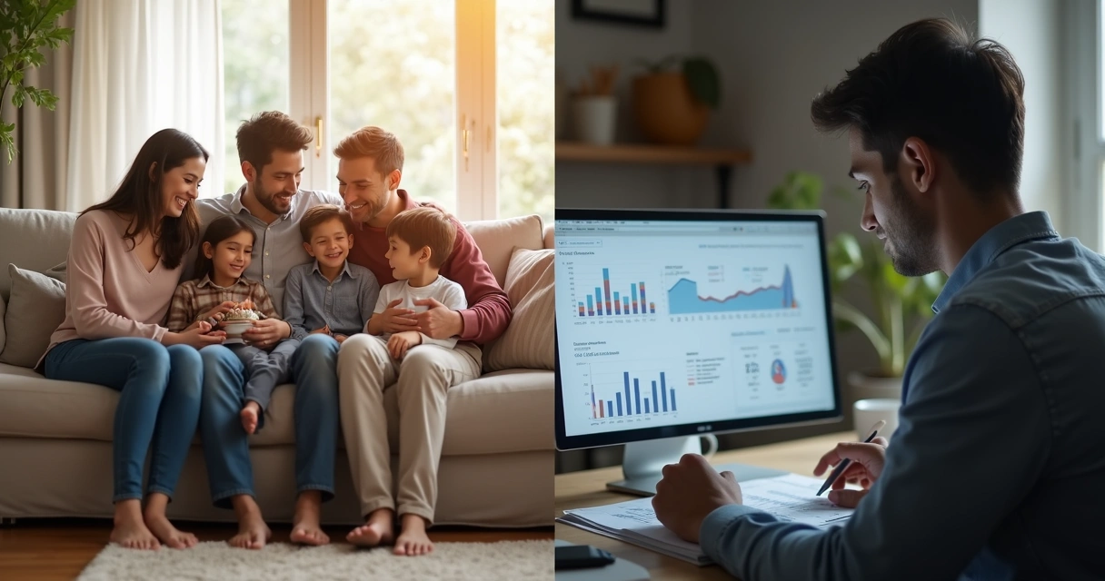Recorte visual entre uma família reunida e uma pessoa sozinha analisando papéis financeiros 