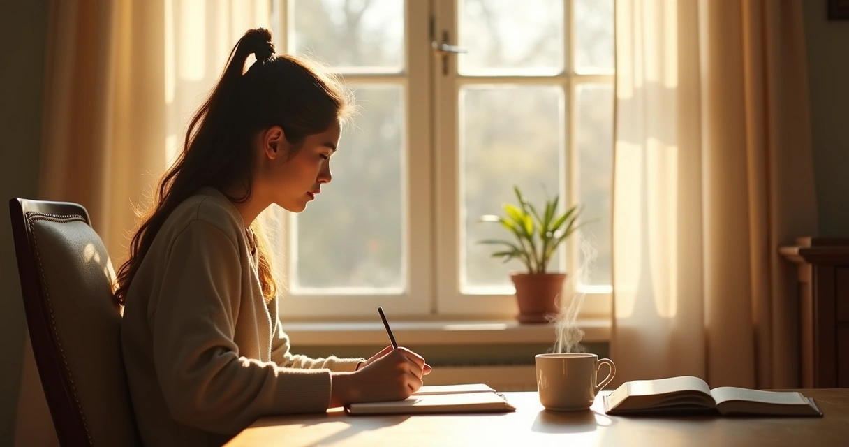 Pessoa em ambiente doméstico sorrindo levemente, segurando um diário ao lado de uma janela