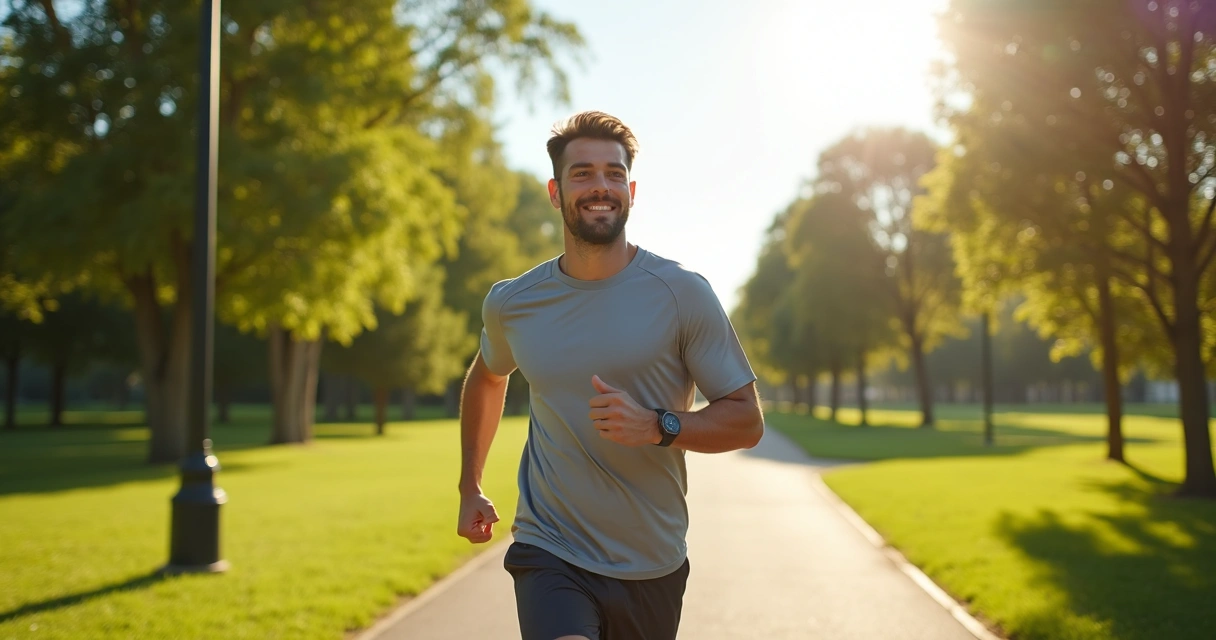 Homem caminhando ao ar livre com expressão de bem-estar e energia 
