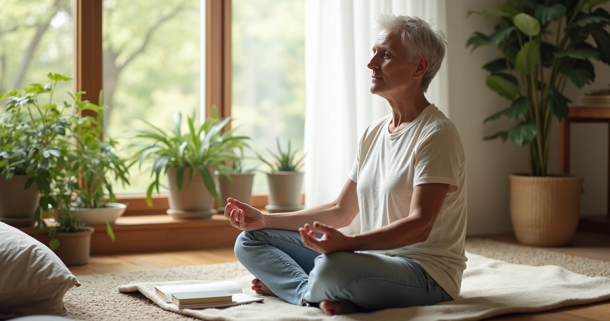 Pessoa adulta praticando meditação em casa, com livros ao lado e ambiente iluminado por luz natural, representando mudança de hábitos.