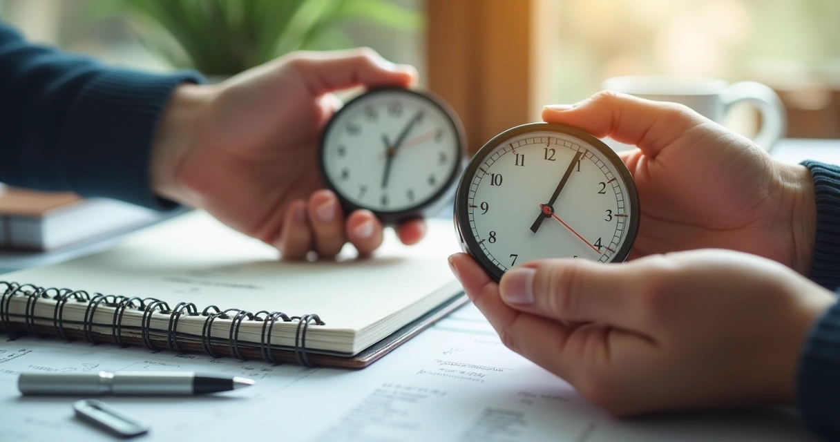 Duas mãos segurando relógio e bússola, simbolizando tempo e direção, sobre fundo de materiais de escritório
