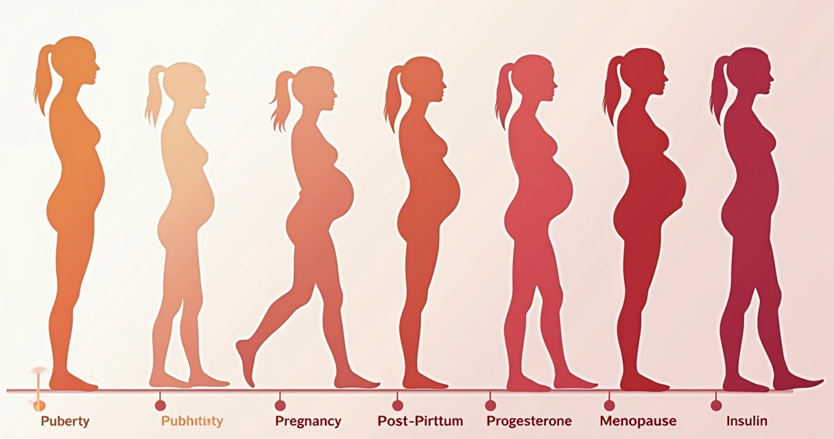 Gráfico mostrando mudanças hormonais femininas ao longo das fases da vida 