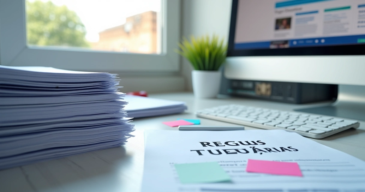 Mesa de escritório com pilhas de leis impressas, Notas Fiscais ao lado e um computador mostrando site oficial do governo. 