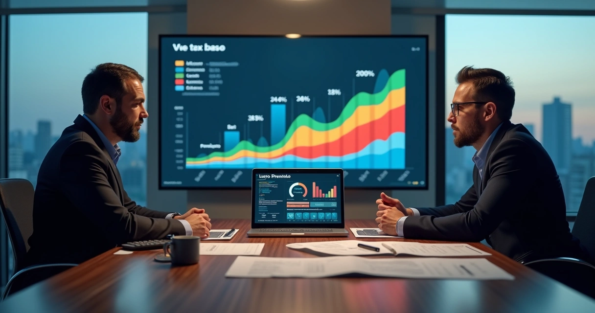 Empresário analisando gráficos de impostos sobre lucros em tela com destaque para 2026 