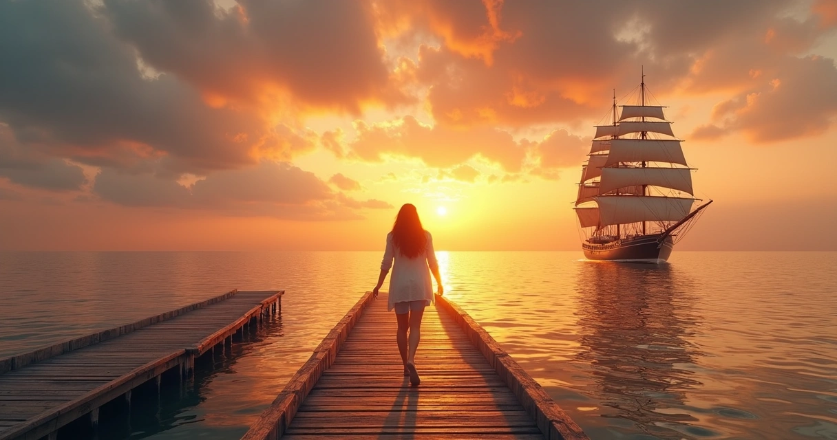 Pessoa caminhando no trapiche olhando navio, simbolizando mudanças pessoais 
