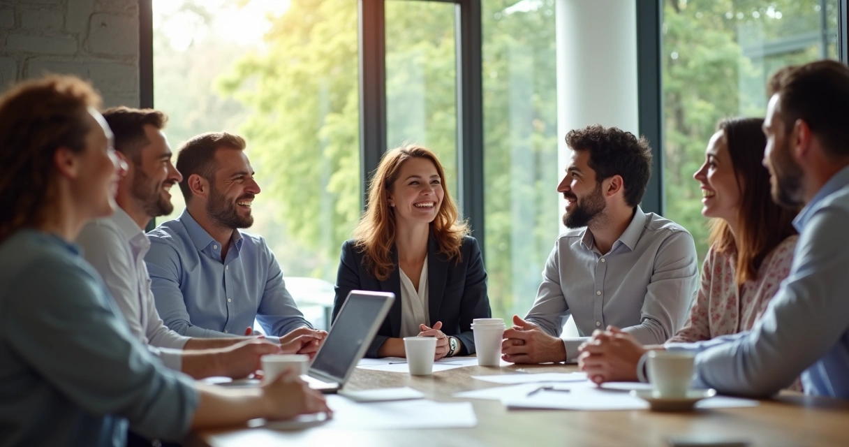 Colegas de trabalho sorrindo em mesa de reunião 