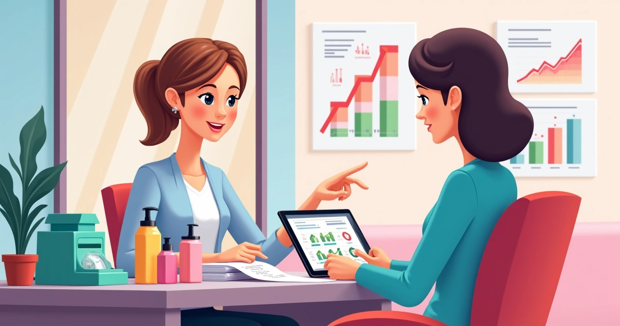 Profissional de beleza revisando tabela de preços com relatórios financeiros 