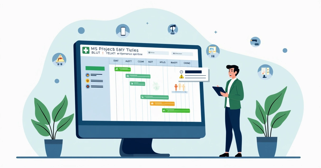 Monitor com MS Project exibindo tarefas, linhas do tempo, ícones de IA e alertas de compliance 