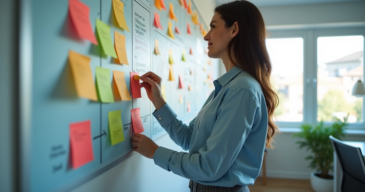 Colaborador ajustando plano de trabalho com quadros e post-its em parede de escritório 