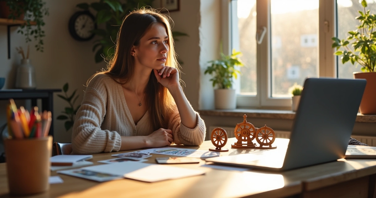Mulher diante de rodas e cartas de tarot sobre uma mesa de trabalho colorida. 