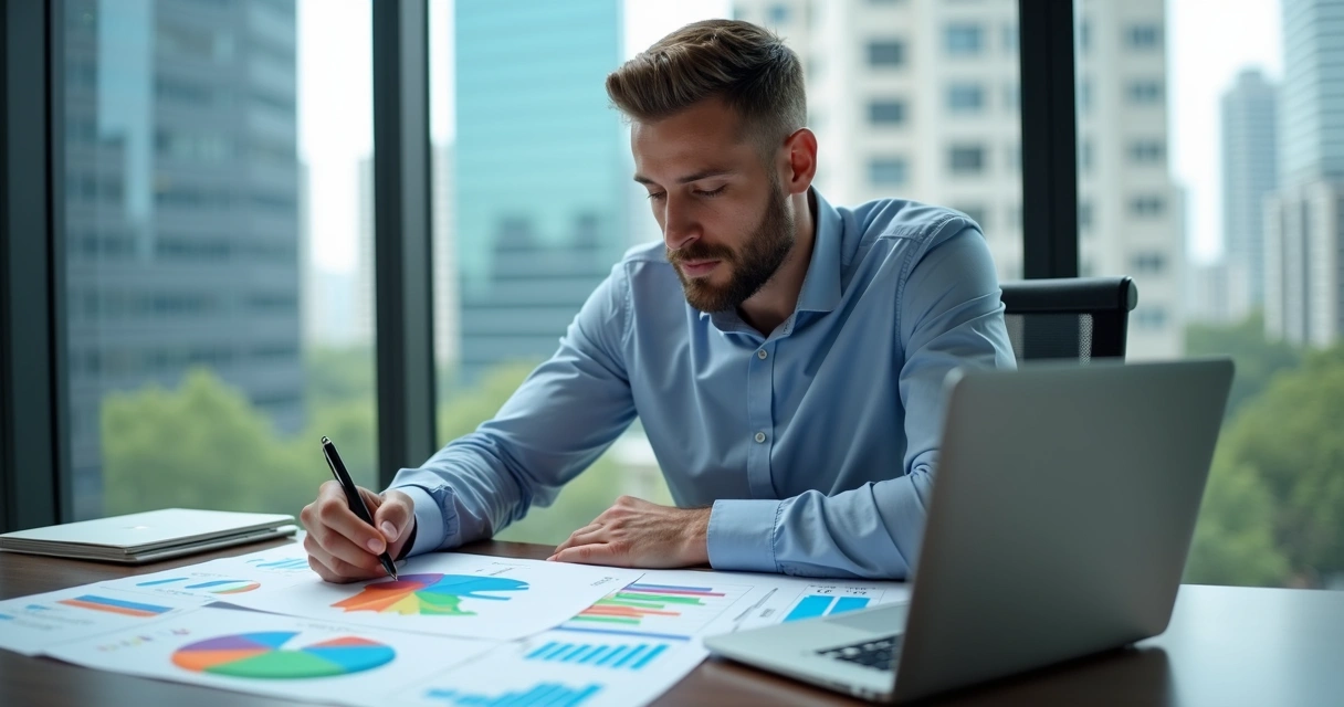 Homem de negócios analisando gráficos de dividendos em uma mesa moderna 