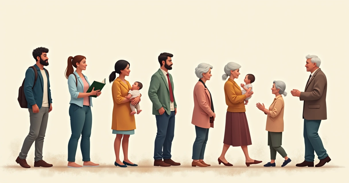 Diversas fases da vida adulta representadas por pessoas em diferentes situações do cotidiano 