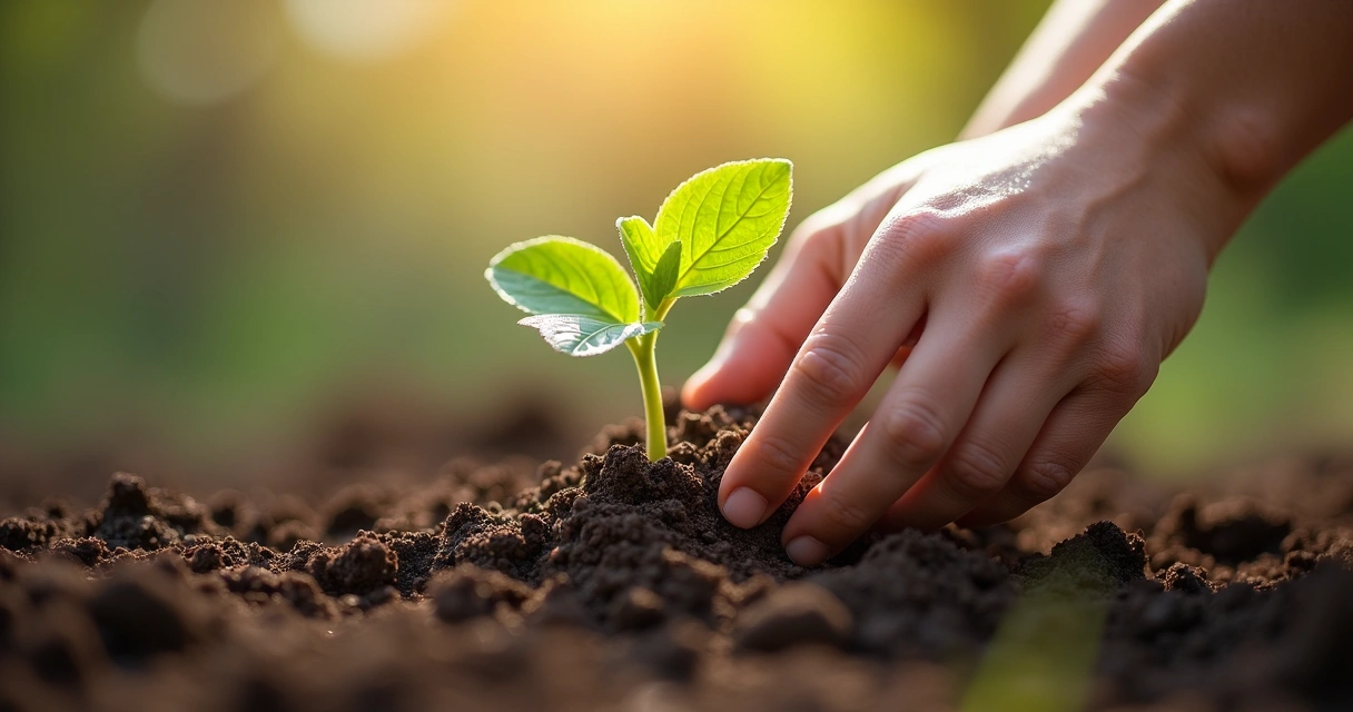 Mãos plantando uma muda verde em solo fértil com luz suave