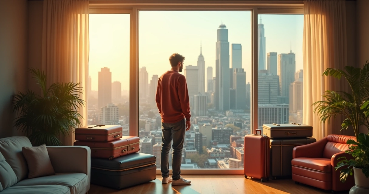 Pessoa em frente a malas prontas olhando a janela. 