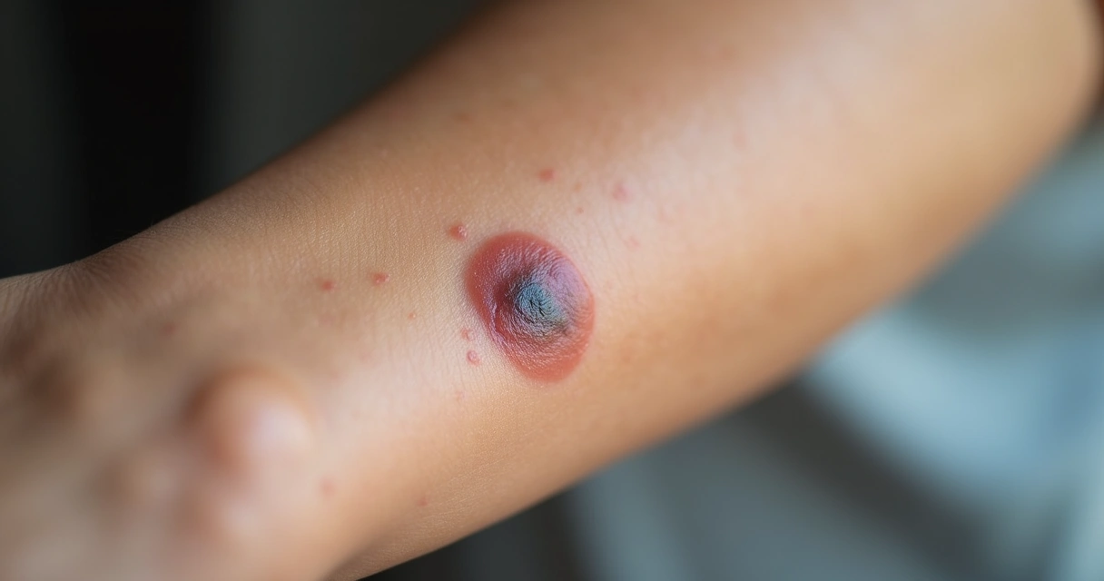 Mudança em uma pinta na pele com borda irregular e cor desigual. 