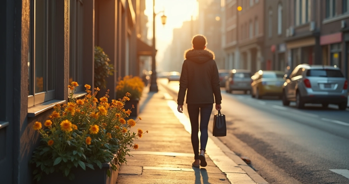 Pessoa caminhando em um novo trajeto para o trabalho, observando detalhes do ambiente 