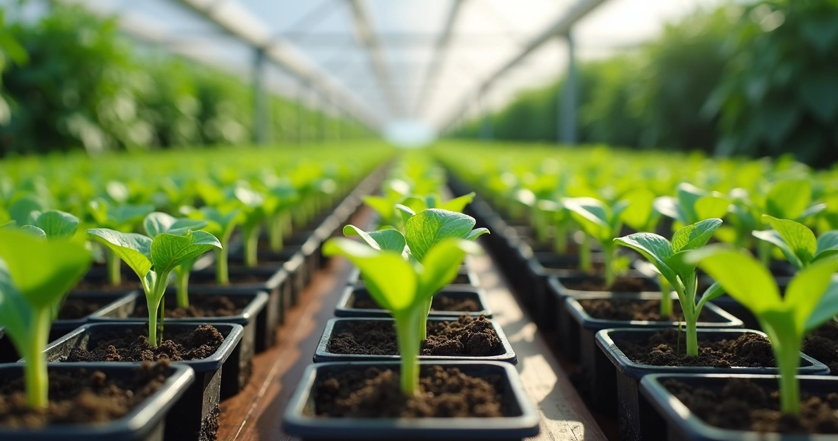 Mudas organizadas em viveiro para plantio 