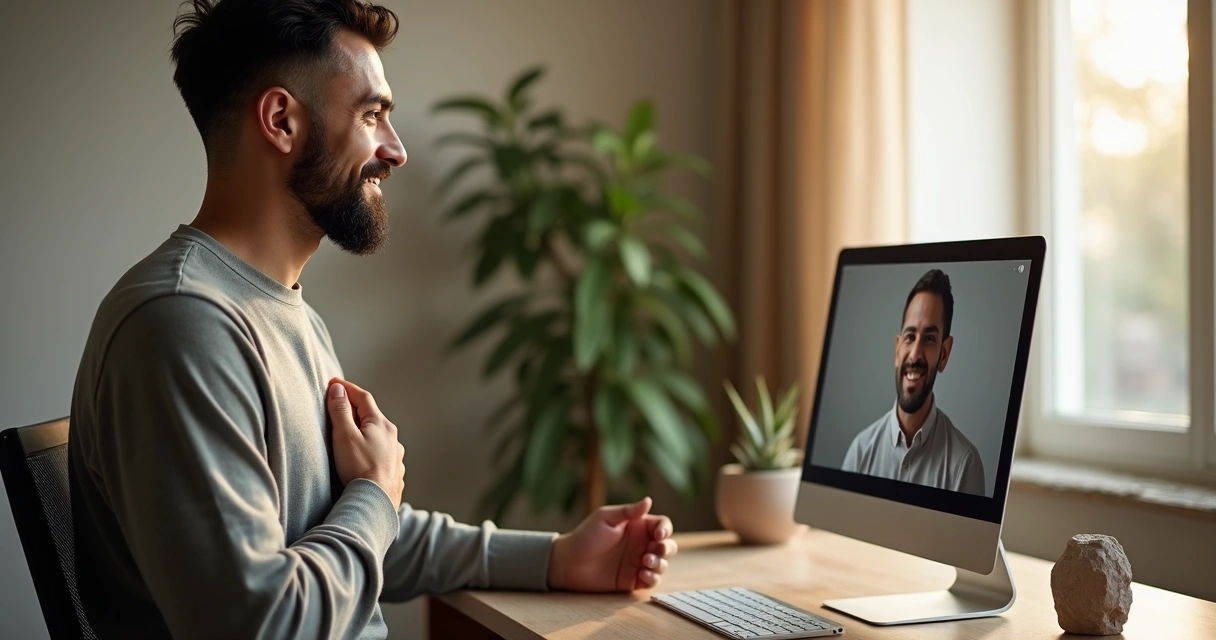 Pessoa com mudra próximo ao peito em reunião online 