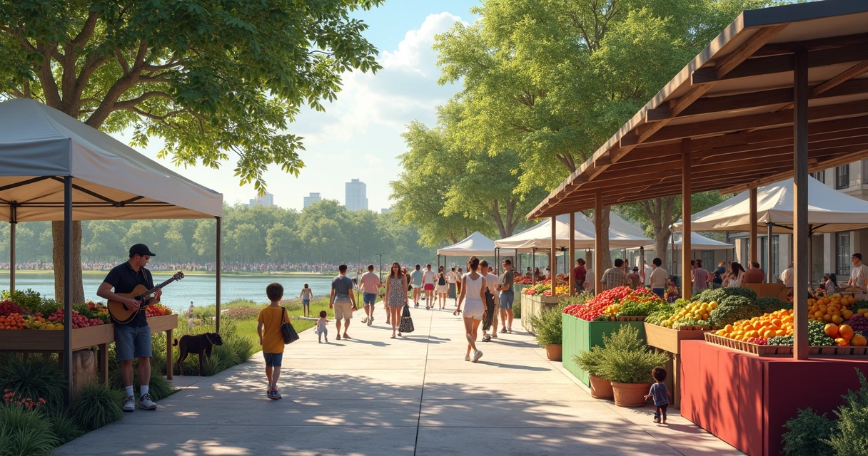 Colorful produce stalls at Mueller farmers market, Austin