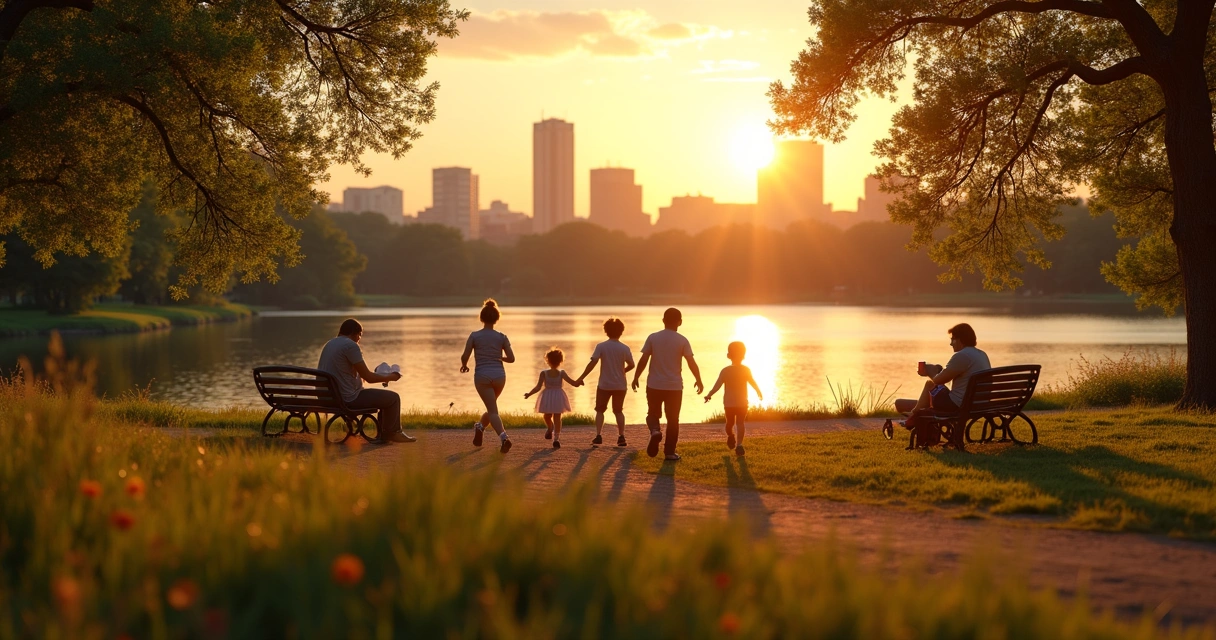 Families by the water at Mueller Lake Park at sunset