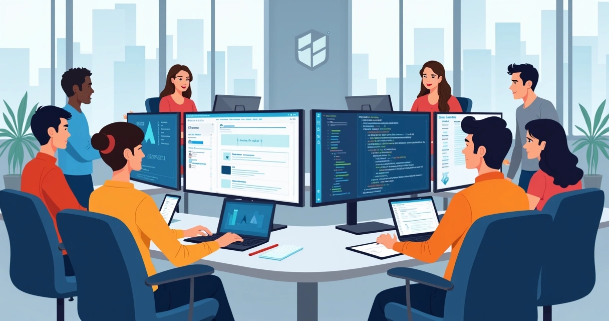 Colaboradores de tecnologia programando juntos com telas exibindo códigos e diagramas 
