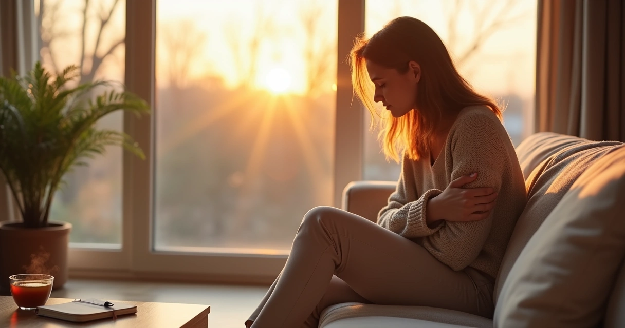 Persona sentada junto a una ventana abrazándose con gesto de calma 
