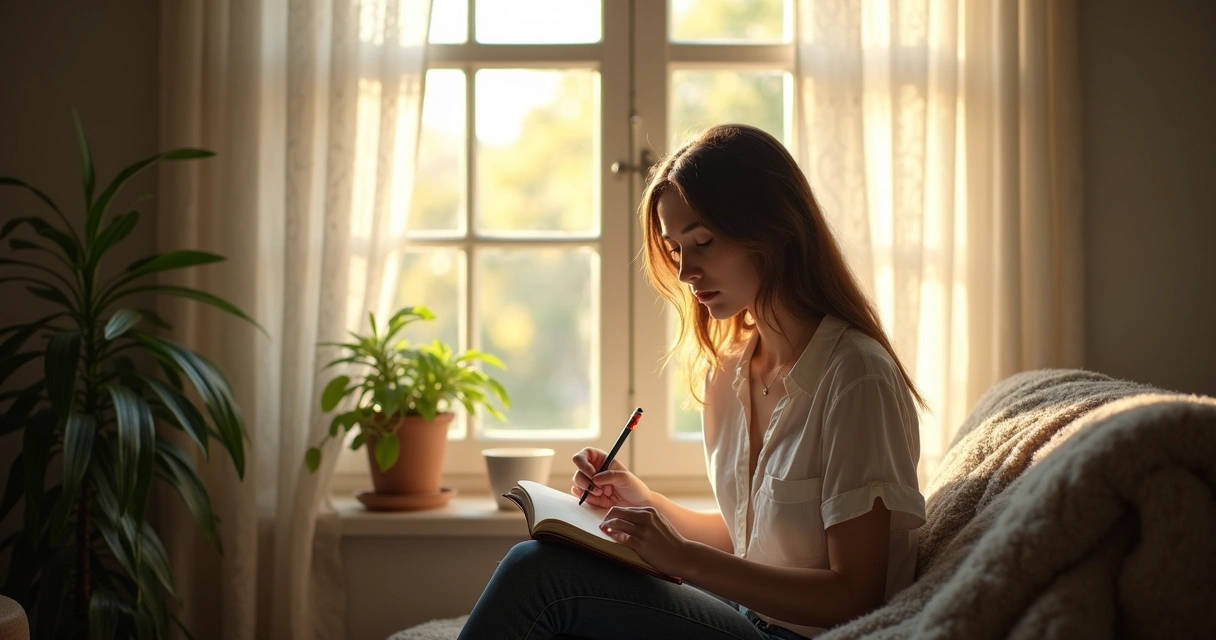 Mujer escribiendo en un diario sobre sus emociones 