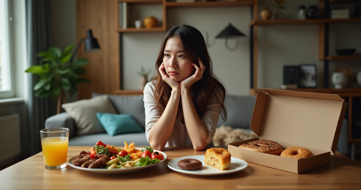 Mujer pensativa frente a comida eligiendo entre hambre emocional y física 