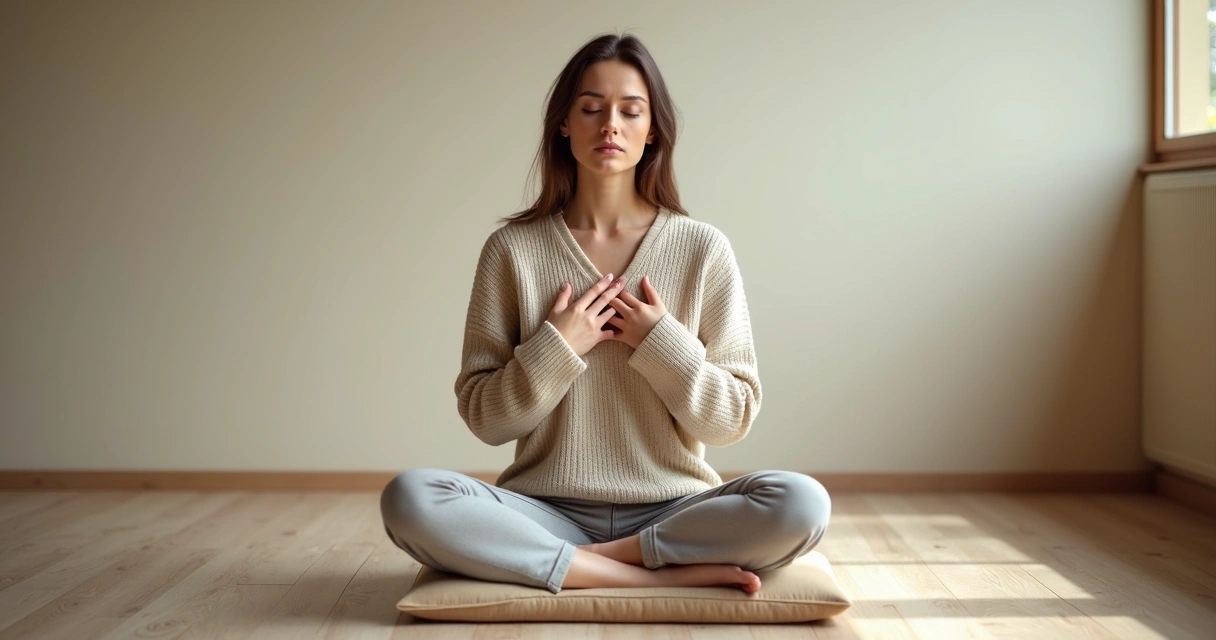 Mujer sentada con las manos en el corazón practicando autocompasión 