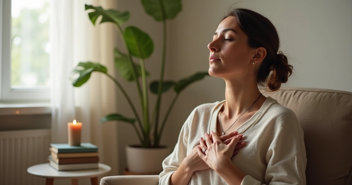 Mujer con ojos cerrados practicando autocompasión y respiración consciente 
