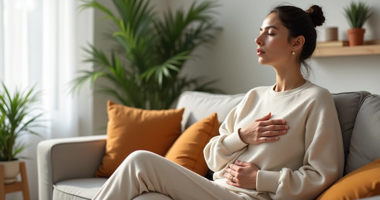 Mujer con gesto de autocompasión sosteniendo su mano sobre el corazón en un entorno tranquilo 
