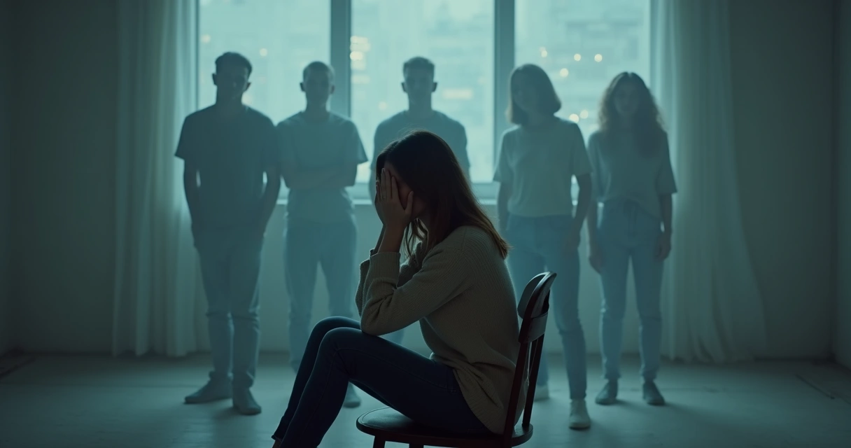 Mujer pensativa con múltiples sombras rodeando su cabeza en un ambiente urbano 