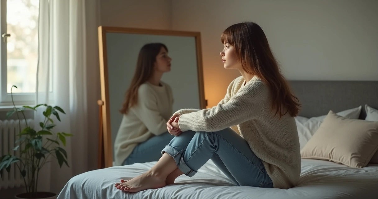 Mujer pensativa frente al espejo con reflejo duplicado simbolizando autocrítica interior 