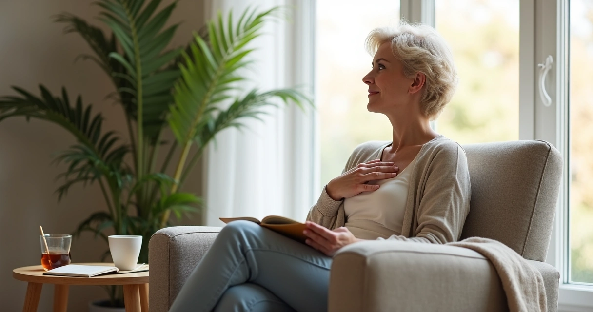 Mujer sentada junto a una ventana practicando autoempatía con la mano en el pecho y un cuaderno en el regazo 