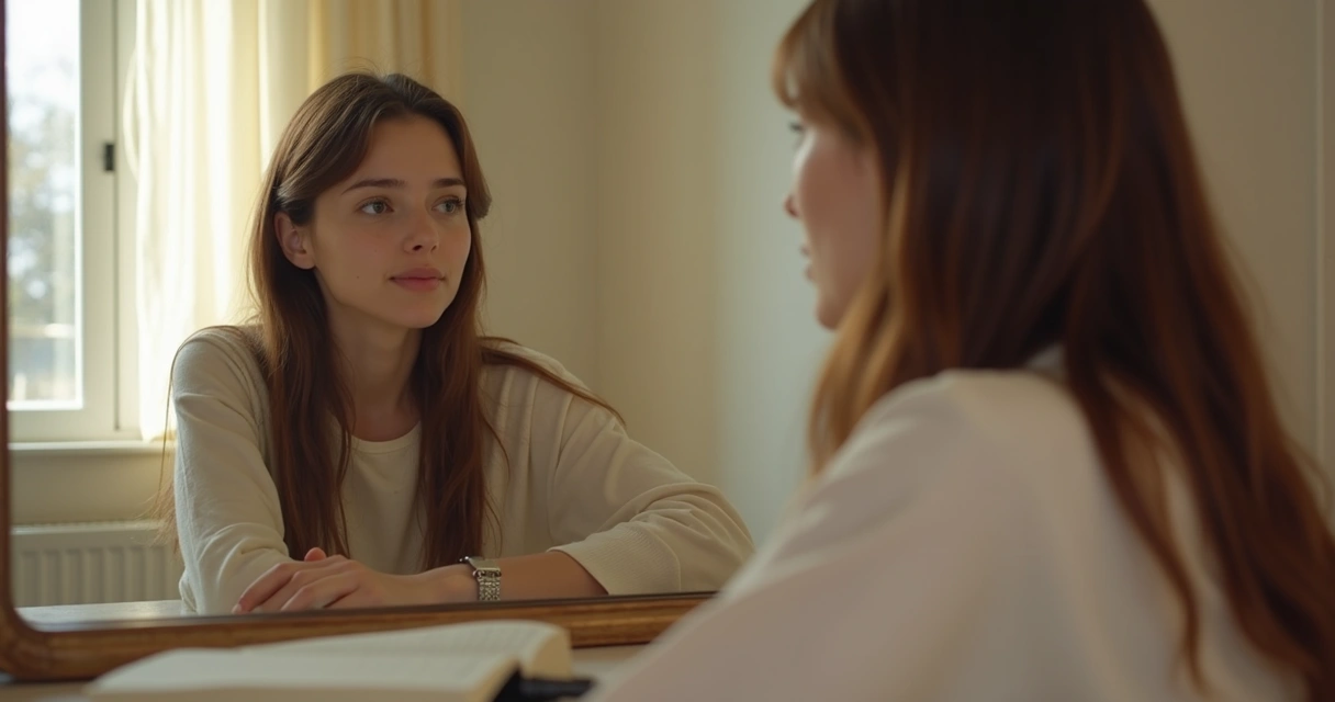 Mujer observándose en el espejo con expresión reflexiva 